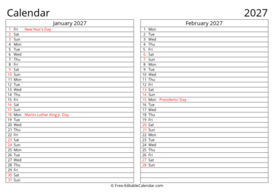 Printable 2027 Calendar January February with Holidays