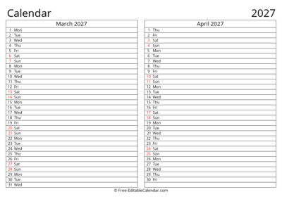 Printable 2027 Calendar March April with Holidays