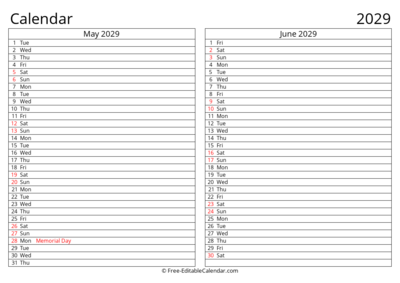 Printable 2029 Calendar May June with Holidays