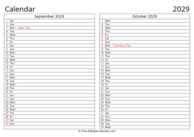 Printable 2029 Calendar September October with Holidays