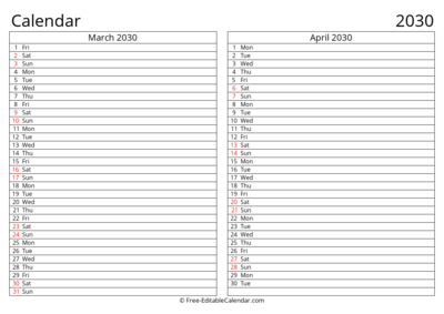 Printable 2030 Calendar March April with Holidays