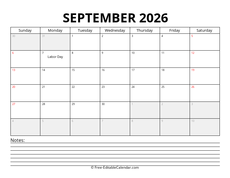 September 2026 Calendar with Notes