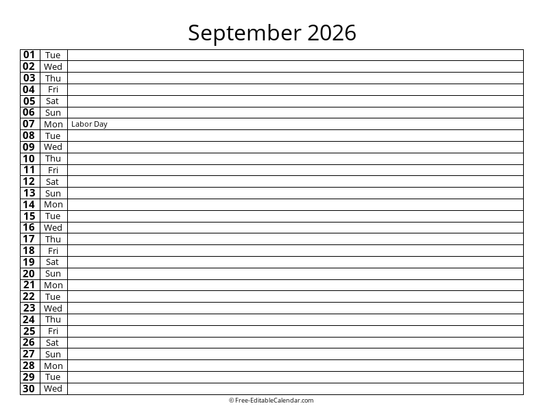 September 2026 Daily List Calendar