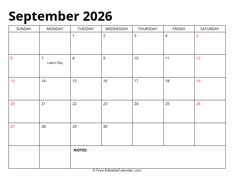 September 2026 Editable Calendar