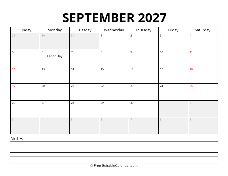 September 2027 Calendar with Notes