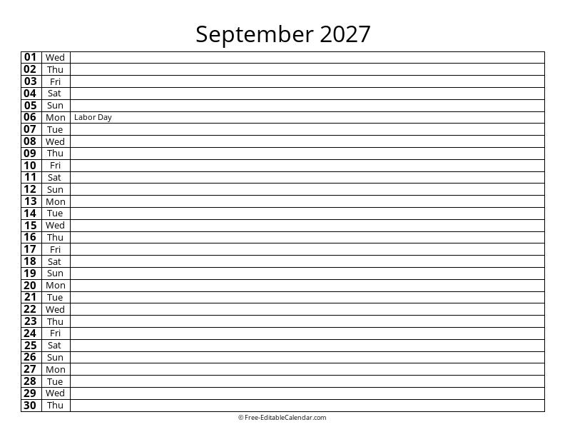 September 2027 Daily List Calendar