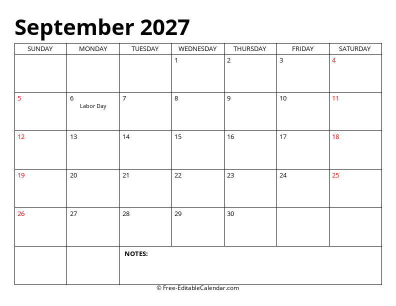 September 2027 Editable Calendar