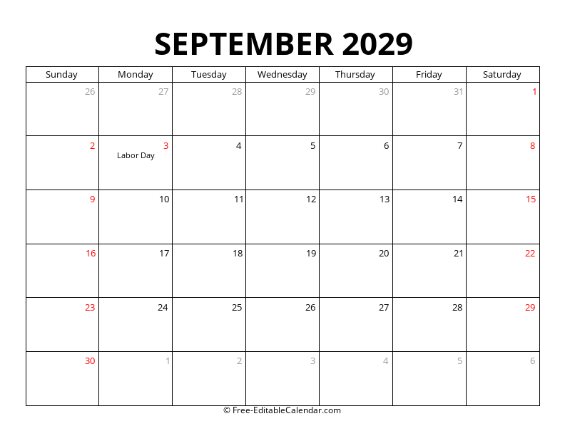 September 2029 Calendar with Holidays