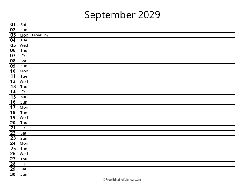 September 2029 Daily List Calendar