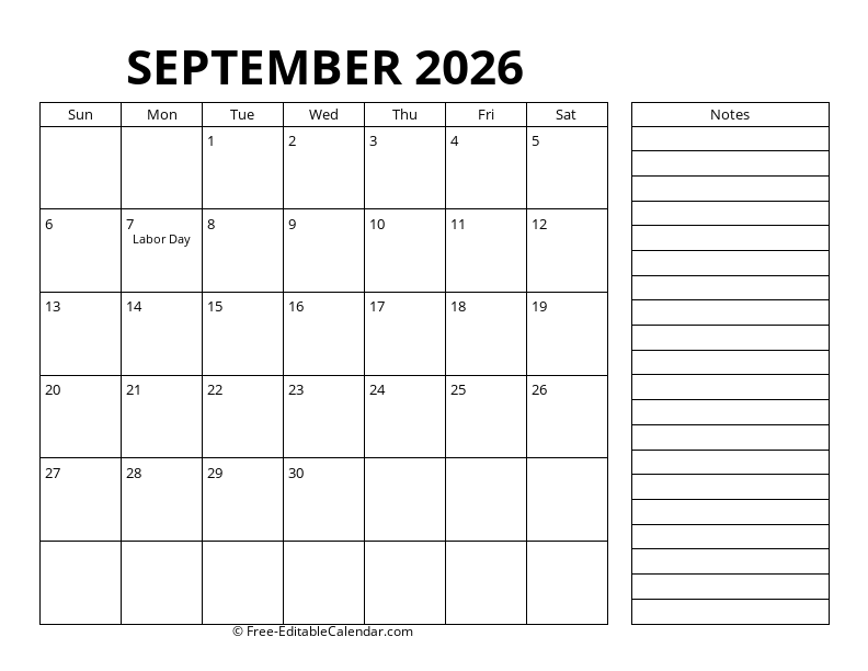 September Calendar 2026 with right notes