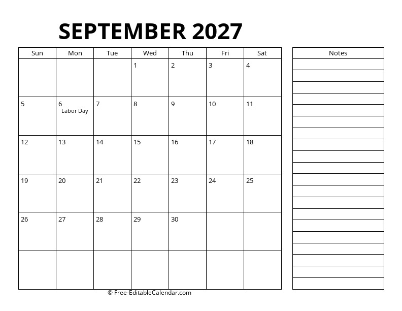 September Calendar 2027 with right notes