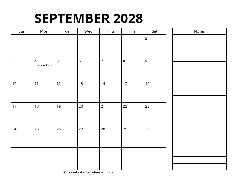 September Calendar 2028 with right notes