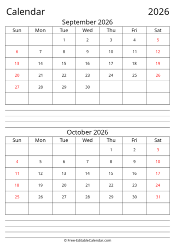 september october 2026 Calendar with Notes