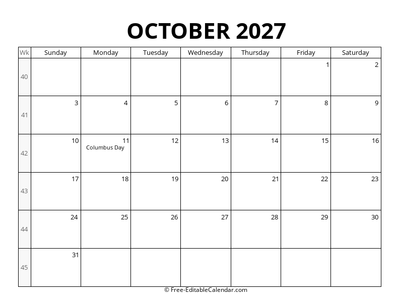 2027 Calendar with Week Numbers