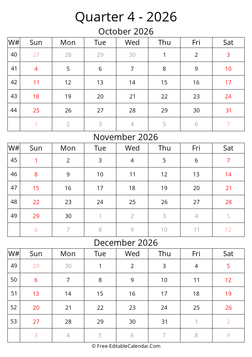 Week Numbers Calendar - Q4 2026