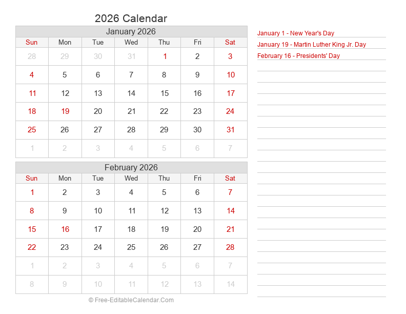 Bi-Monthly Calendar 2026 | Landscape