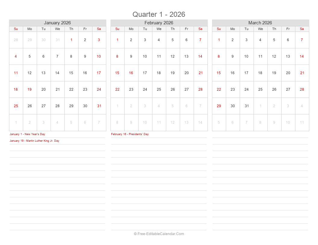 2026 Quarterly Calendar | 3 Months