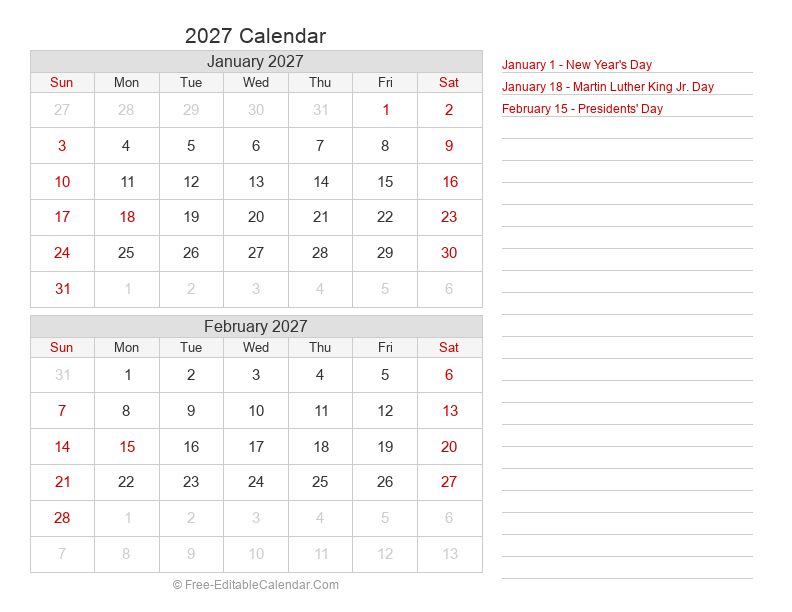 Bi-Monthly Calendar 2027 | Landscape
