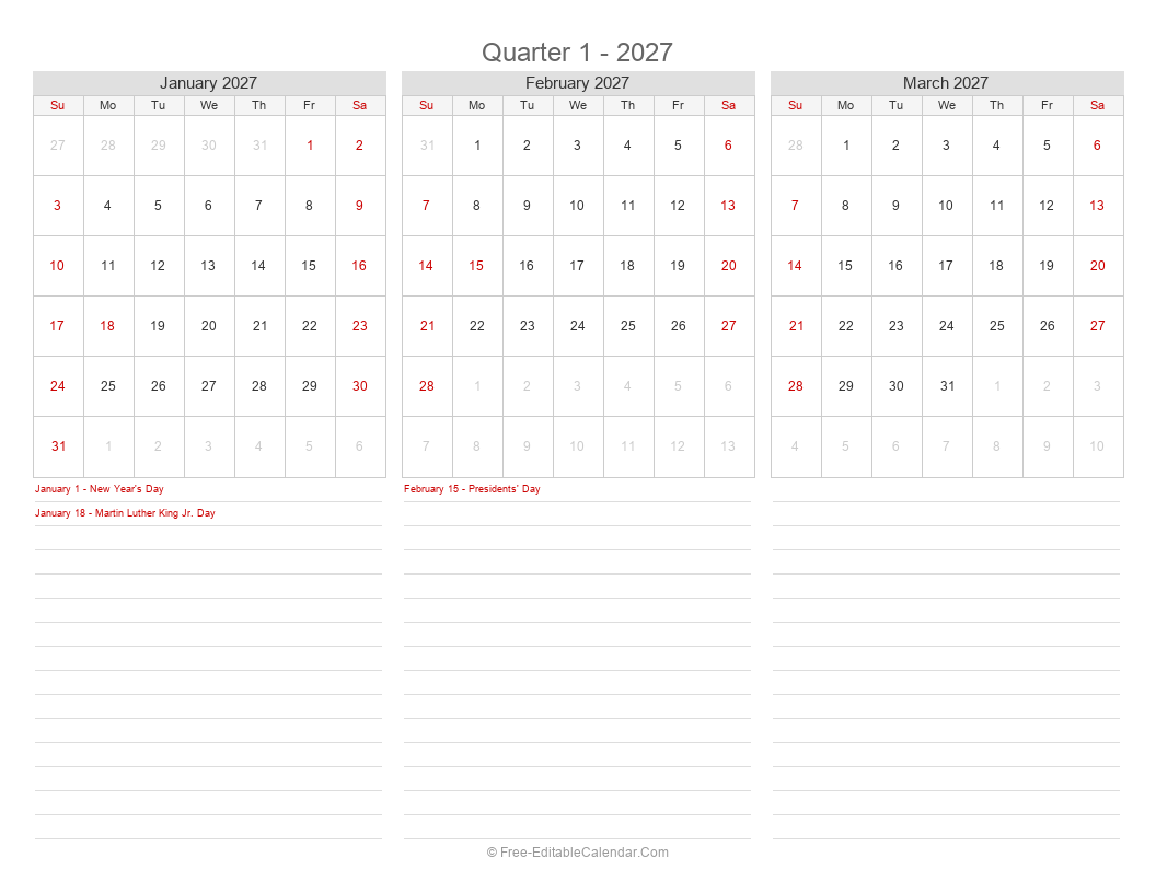 2027 Quarterly Calendar | 3 Months