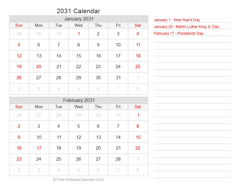 Bi-Monthly Calendar 2031 | Landscape
