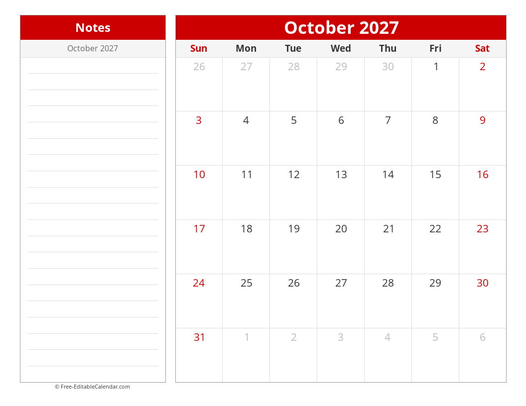Printable Monthly calendar with sidebar notes
