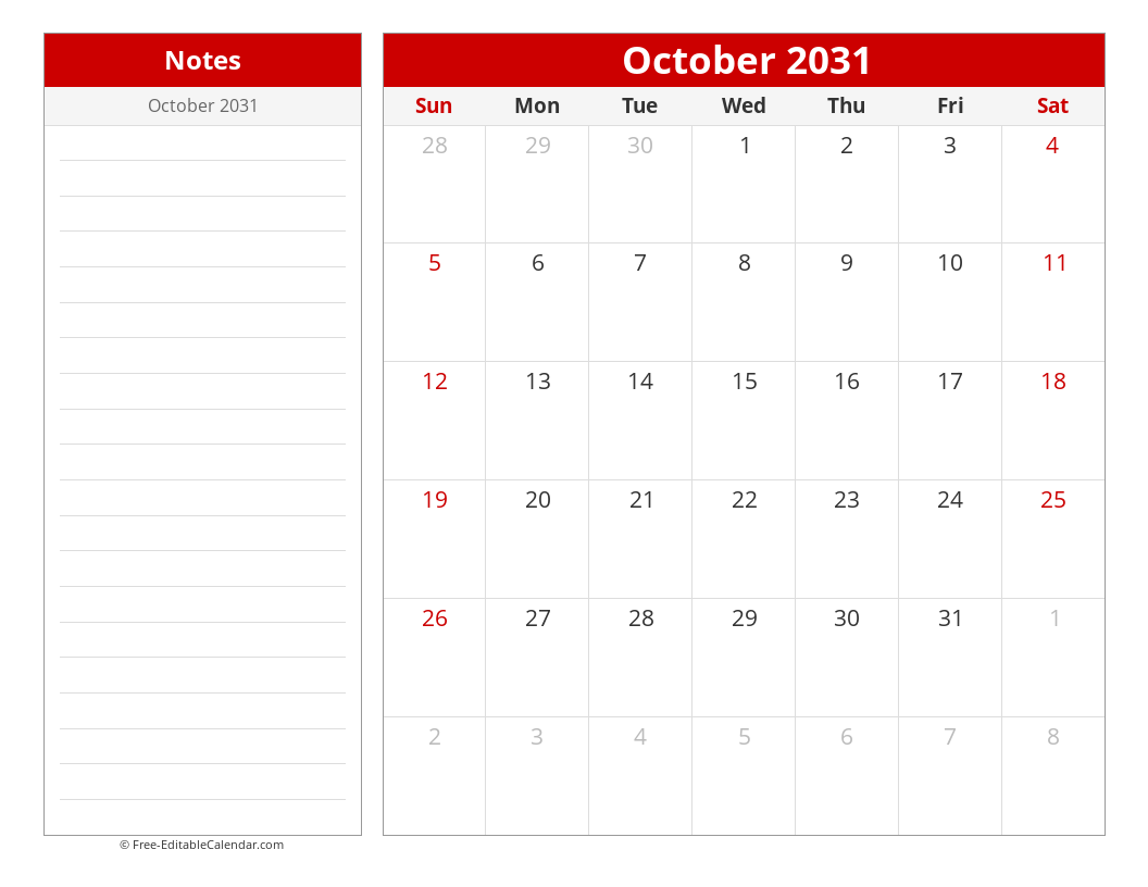 Printable Monthly calendar with sidebar notes