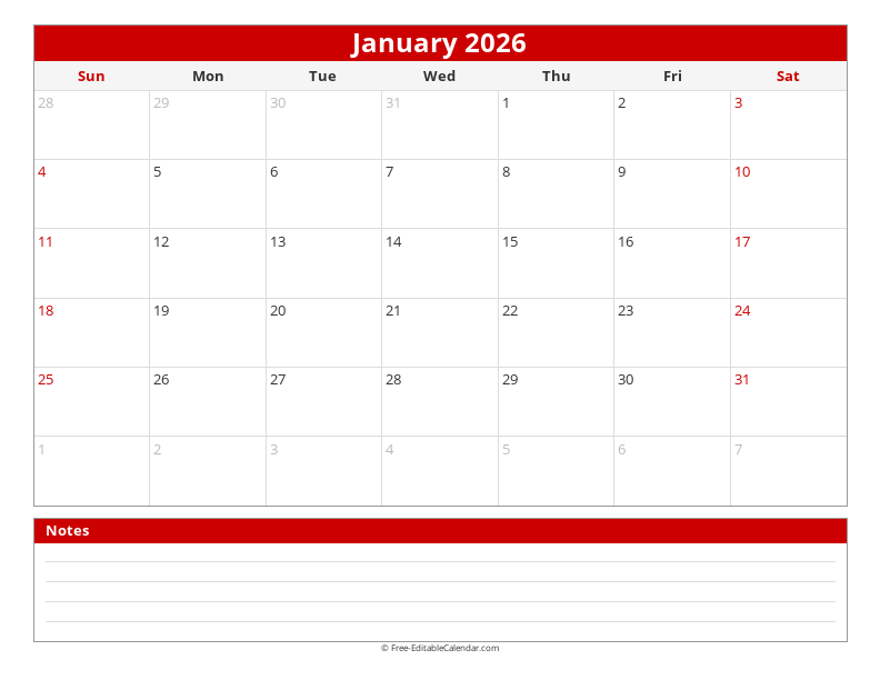 2026 Monthly Calendar with Notes