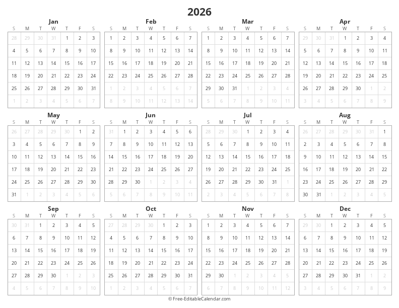 2026 Yearly Calendar | Year at a Glance