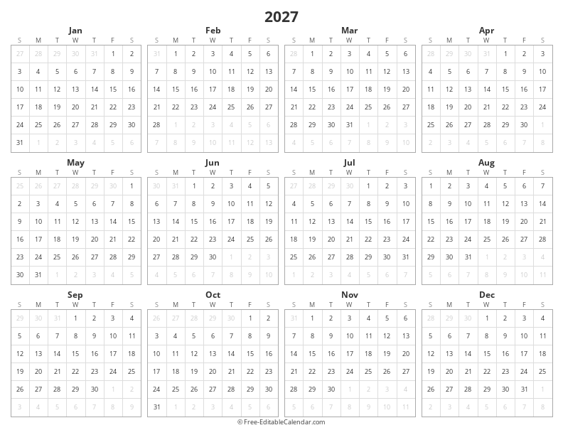 2027 Yearly Calendar | Year at a Glance