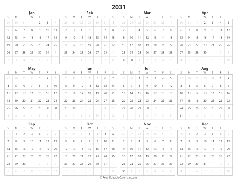 2031 Yearly Calendar | Year at a Glance