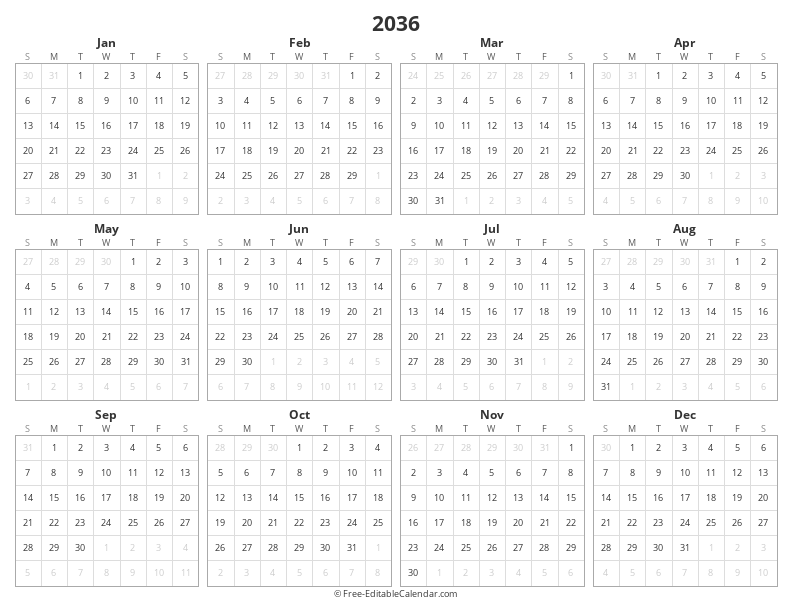 2036 Yearly Calendar | Year at a Glance