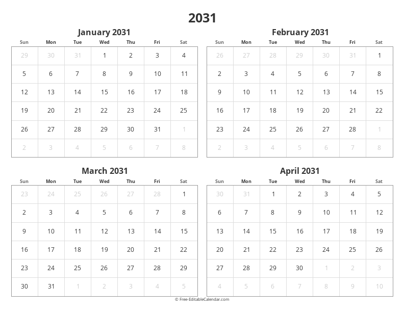 2031 Four Months Calendar | 4 Months per Page
