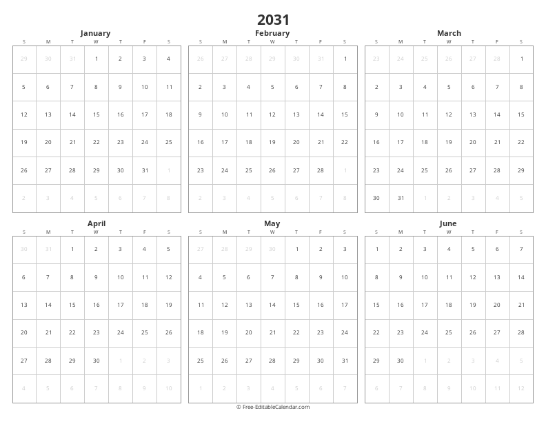 2031 Six Months per Page | Half-Year View
