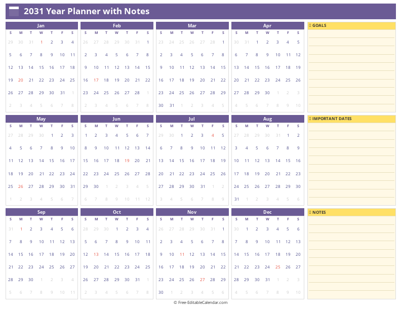 Yearly calendar with notes section